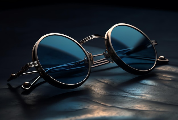 A pair of sunglasses with blue lenses on a dark background.