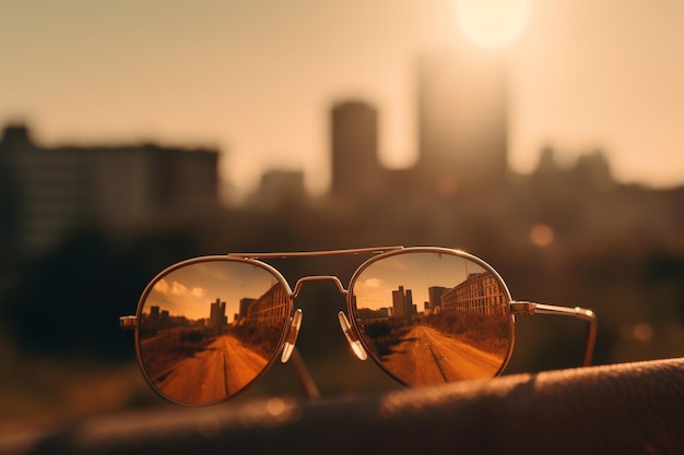 A pair of sunglasses with the city in the background