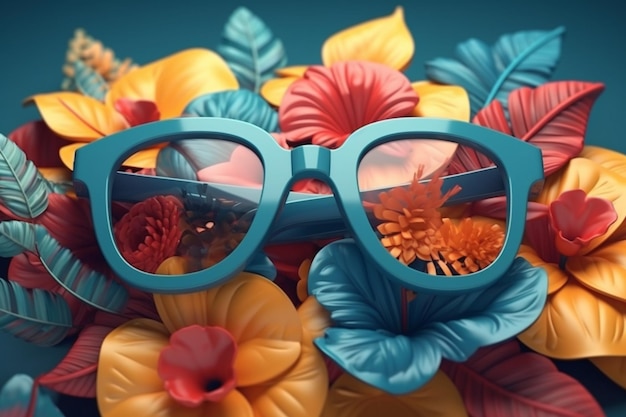 A pair of sunglasses with a flower in the background