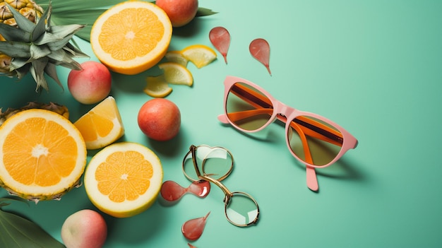 A pair of sunglasses with a heart shaped logo and oranges on the bottom.