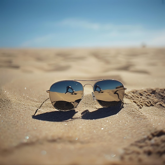 Photo a pair of sunglasses with a man walking on the beach