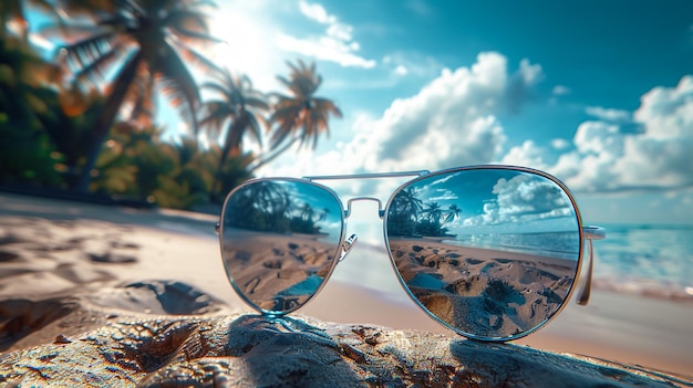 Photo a pair of sunglasses with the ocean in the background