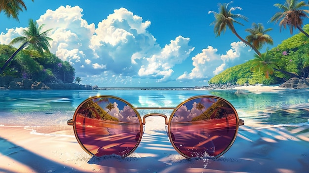 a pair of sunglasses with a palm tree on the beach