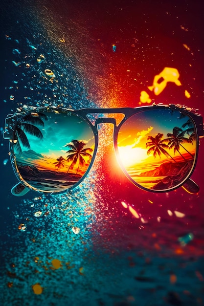 Pair of sunglasses with the reflection of tropical beach scene on them Generative AI