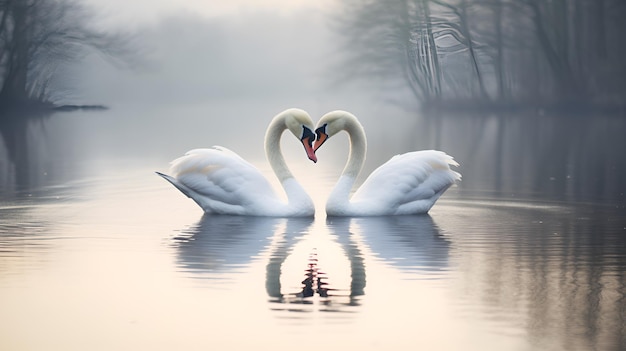 A pair of swans forming a heart shape in a serene lake swans heart shape serene lake