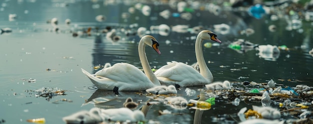 A pair of swans gliding on a polluted pond