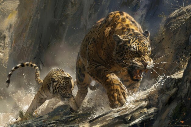 Photo a pair of tigers navigating rocky terrain in the wild visualize the thrill of the chase as a predator hunts its quarry