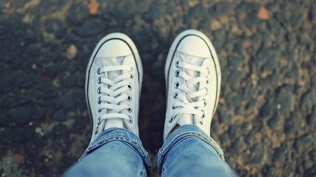 Photo pair of trendy sneakers on persons feet