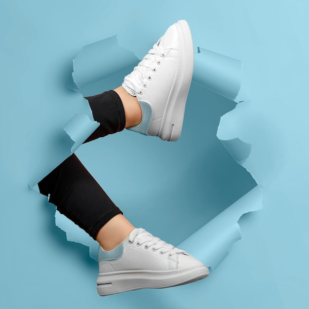 Pair of trendy sport sneakers White high fashion streetwear trend