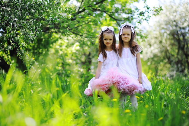 A pair of twin girls are walking in an apple orchard Children walk in the park