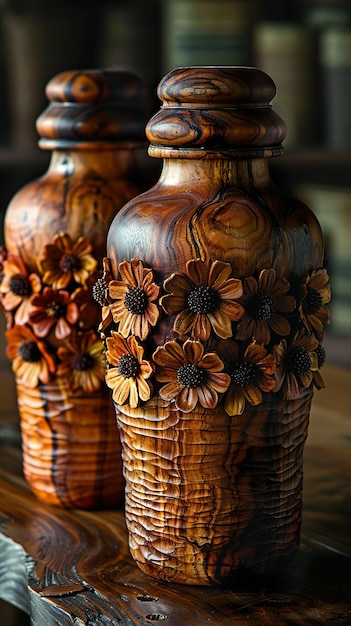 a pair of vases with flowers on them including one that has a flower design