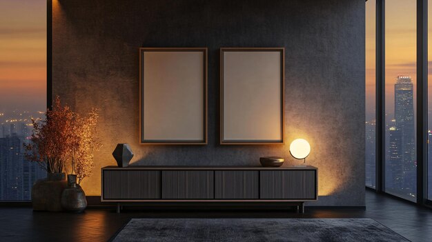 Pair of vertical mockup frames on a dark textured wall symmetrically placed above a sleek modern sideboard The frames have matching wooden borders and the cozy interior includes abstract