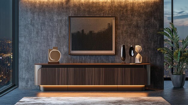 Pair of vertical mockup frames on a dark textured wall symmetrically placed above a sleek modern sideboard The frames have matching wooden borders and the cozy interior includes abstract