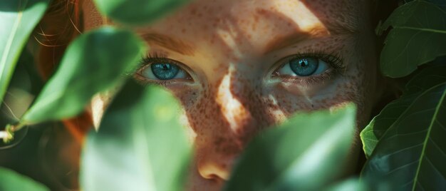 Photo a pair of vibrant blue eyes peering through lush green foliage creating an air of mystery and natureis embrace