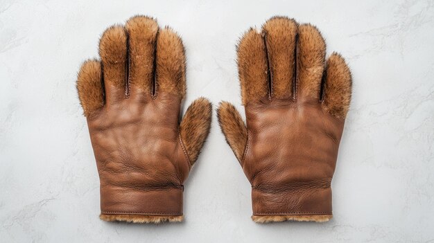 Photo pair of warm leather gloves with fur lining