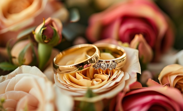 Pair of wedding rings in a picturesque wedding venue