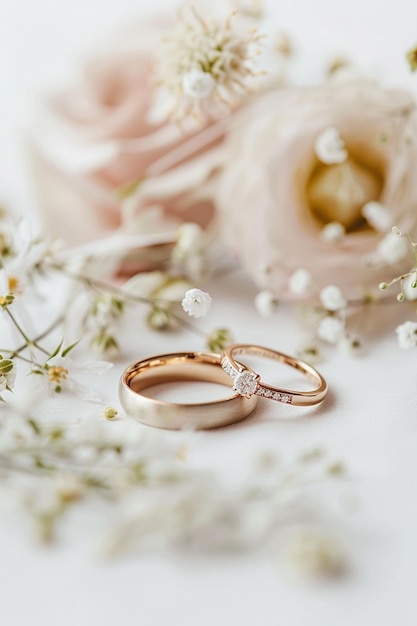 Photo a pair of wedding rings on the table with soft tones and a minimalist style