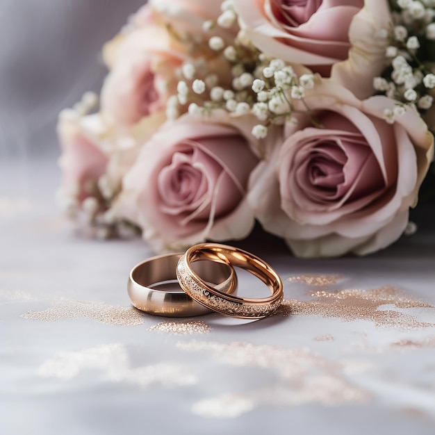 Pair of Wedding Rings with Bouquet