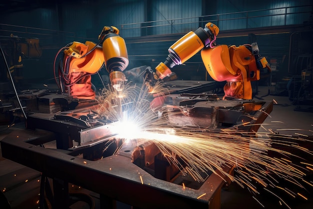 Pair of welding robots working in tandem performing complex welds on metal structures