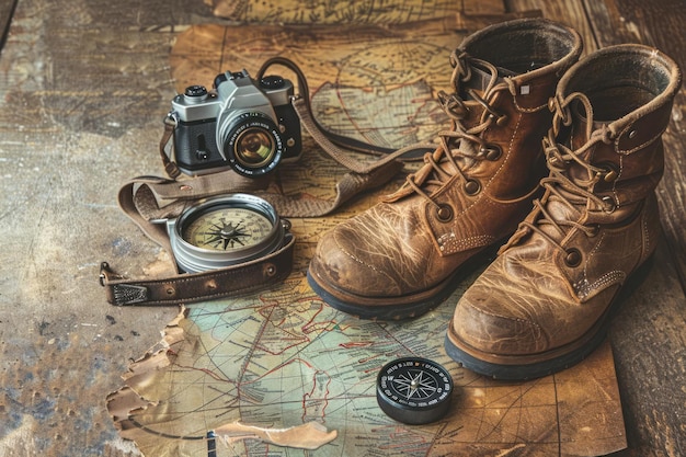 A pair of well traveled boots camera and compass rustic background telling the story of adventures