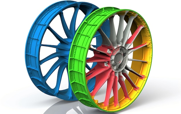 A pair of wheels with a red and green center.