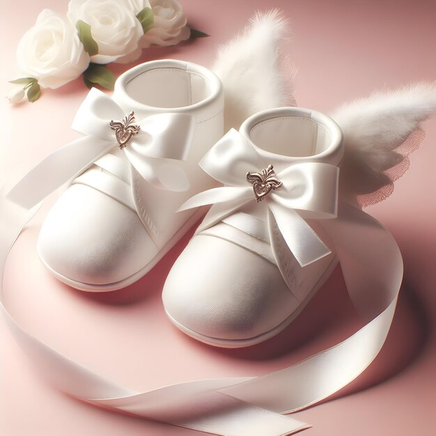 A pair of white baby booties adorned with satin ribbons for a baptism ceremony isolated on a plain