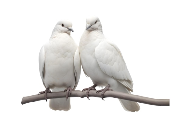 A pair of white doves are making love while sitting on a tree branch