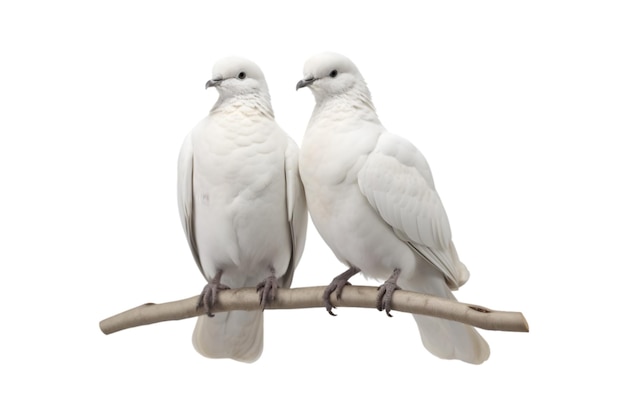 A pair of white doves are making love while sitting on a tree branch