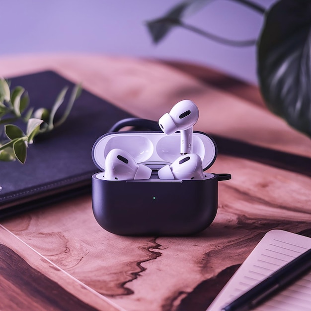 Photo a pair of white ear buds are on a table