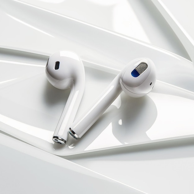 a pair of white earphones that have a blue light on them