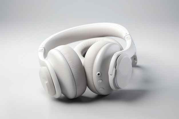 A pair of white headphones with a button on the side.