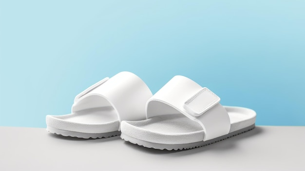 A pair of white slippers that say's on the bottom.