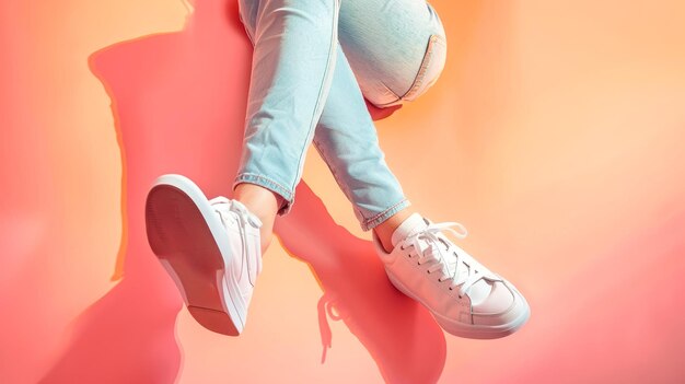 Photo a pair of white sneakers and light blue jeans against a soft pink and orange backdrop