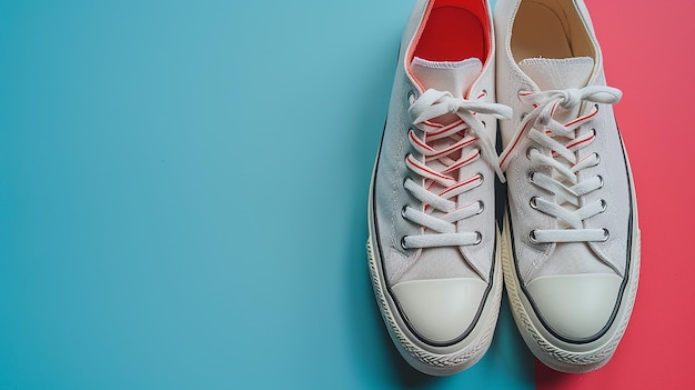 a pair of white sneakers with red laces and a red shoe with white laces