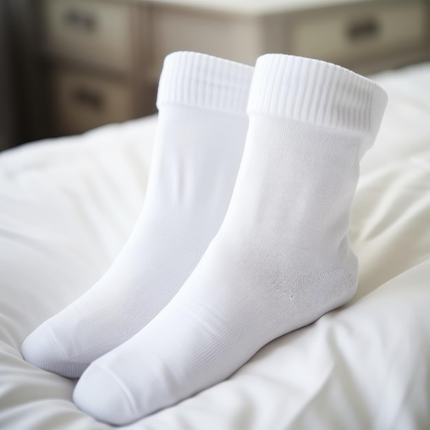 a pair of white socks on the bed socks mockup