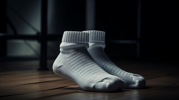 Pair of white socks on the floor in a fitness studiogenerative ai