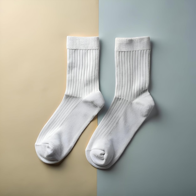 A pair of white socks laid flat on a pastel yellow and blue background