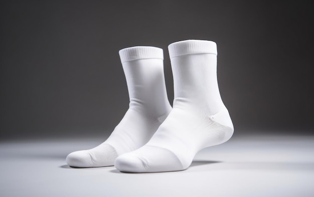 A pair of white socks with the word air on the bottom.