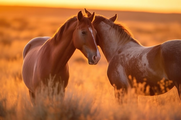 A pair of wild horses nuzzling each other in a tender moment created with generative ai