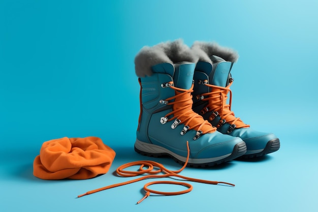 A pair of winter boots with orange laces and a hat on a blue background.