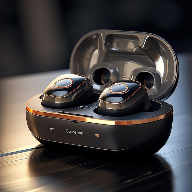 a pair of wireless earbuds on a table in a cafe