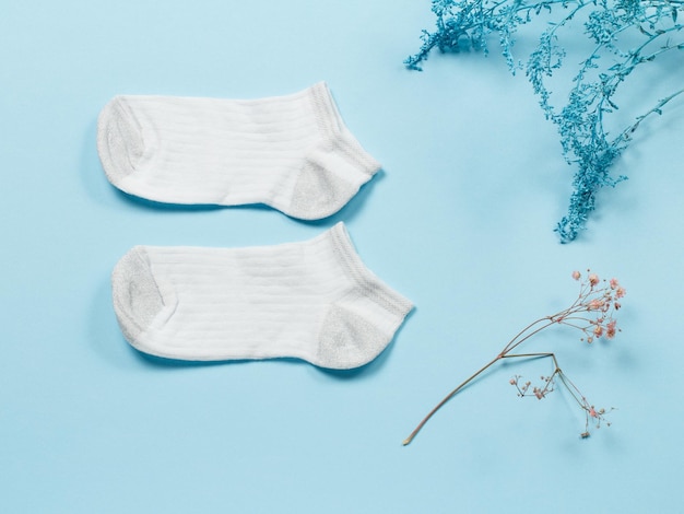 Pair of women socks on blue background