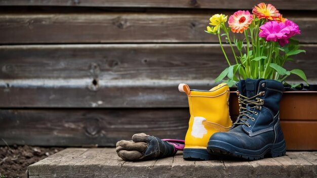 Photo a pair of work boots and gloves left by a garden shed with vibrant flowers in a pot