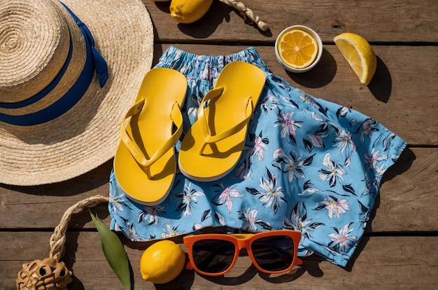 Photo a pair of yellow flip flops and sunglasses are on a wooden table