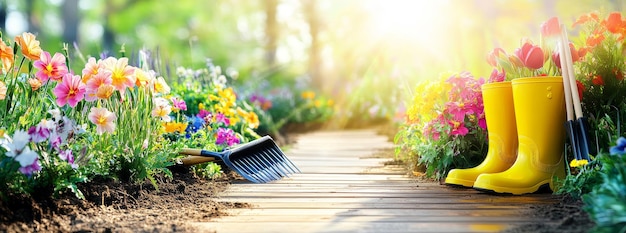 Photo a pair of yellow rain boots are placed on a wooden walkway in a garden with flowers blooming on either side a rake lays on the ground to the left of the walkway