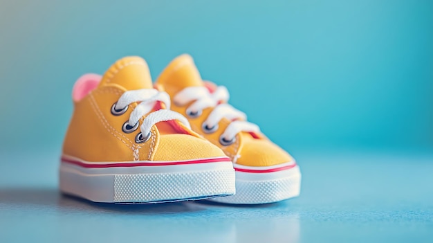 a pair of yellow and red shoes with a red stripe