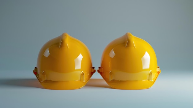 Pair of yellow safety helmets positioned next to each other on a surface