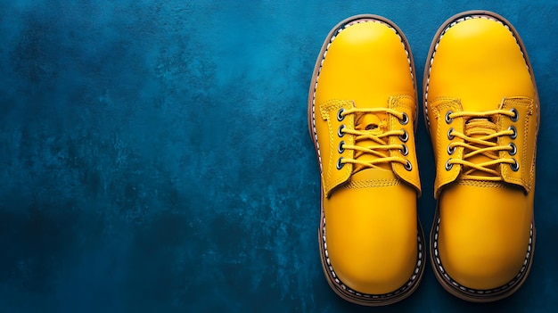 Photo a pair of yellow shoes with a blue background and one of them has a yellow lace