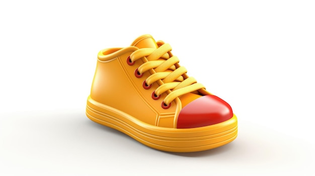 A pair of yellow shoes with a red heart on the sole.