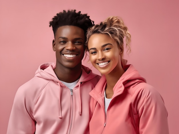 Pair of young happy smiling African male and European female standing close to each other in centre